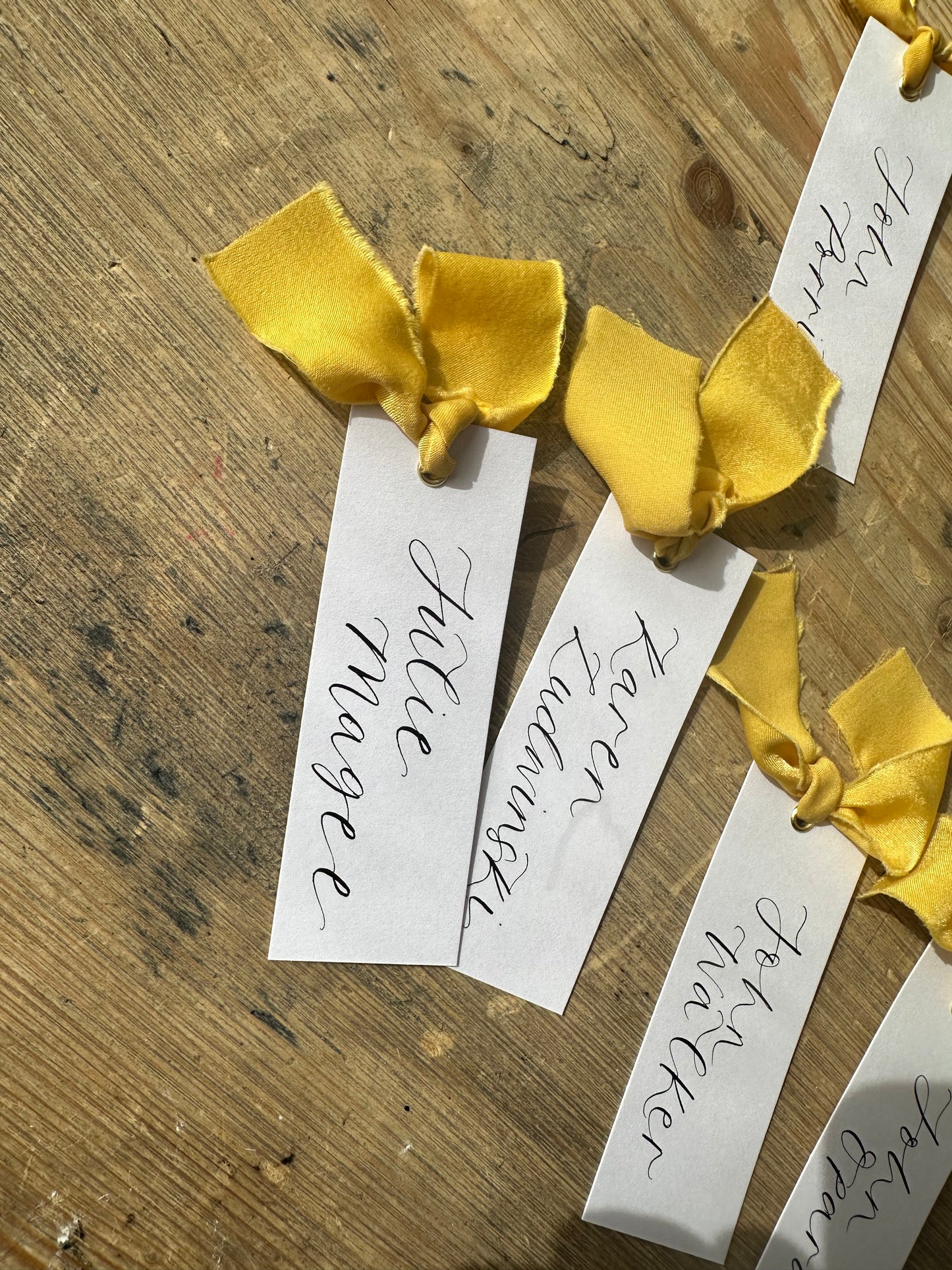 LEMON Chiffon Calligraphy Place Name Card | White Calligraphy Wedding Place Name Card | Gold or Silver Eyelet