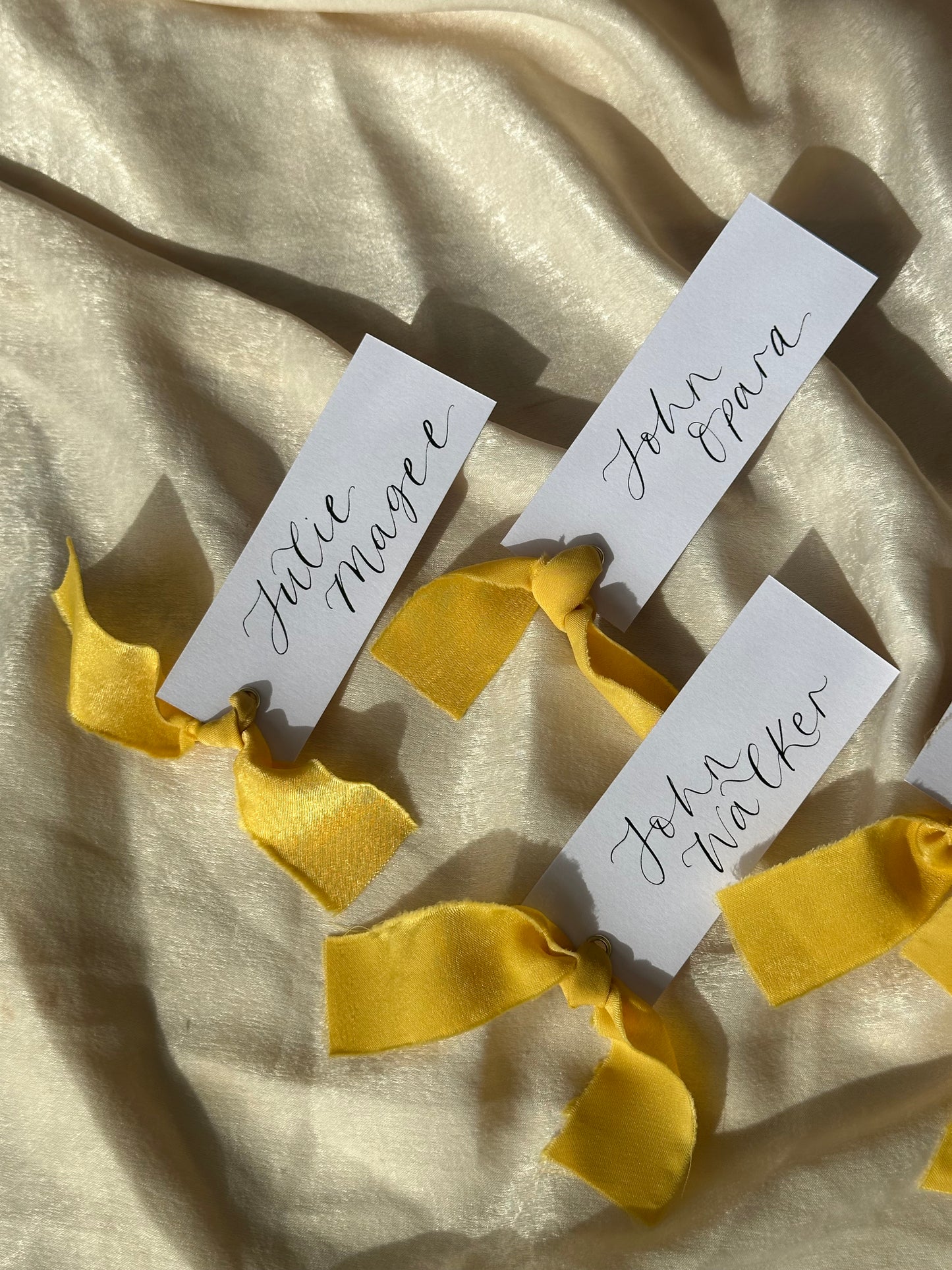 LEMON Chiffon Calligraphy Place Name Card | White Calligraphy Wedding Place Name Card | Gold or Silver Eyelet