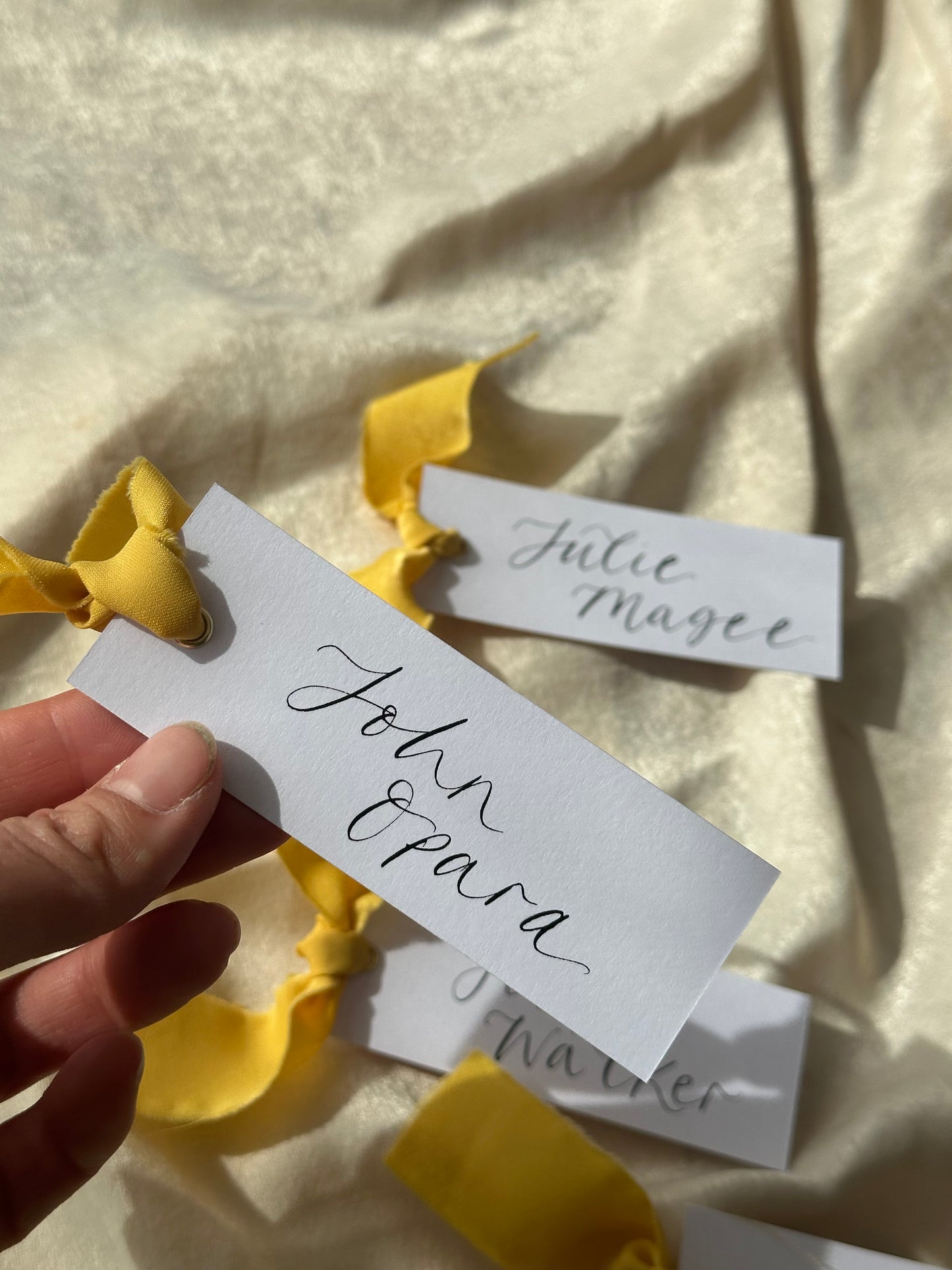 LEMON Chiffon Calligraphy Place Name Card | White Calligraphy Wedding Place Name Card | Gold or Silver Eyelet