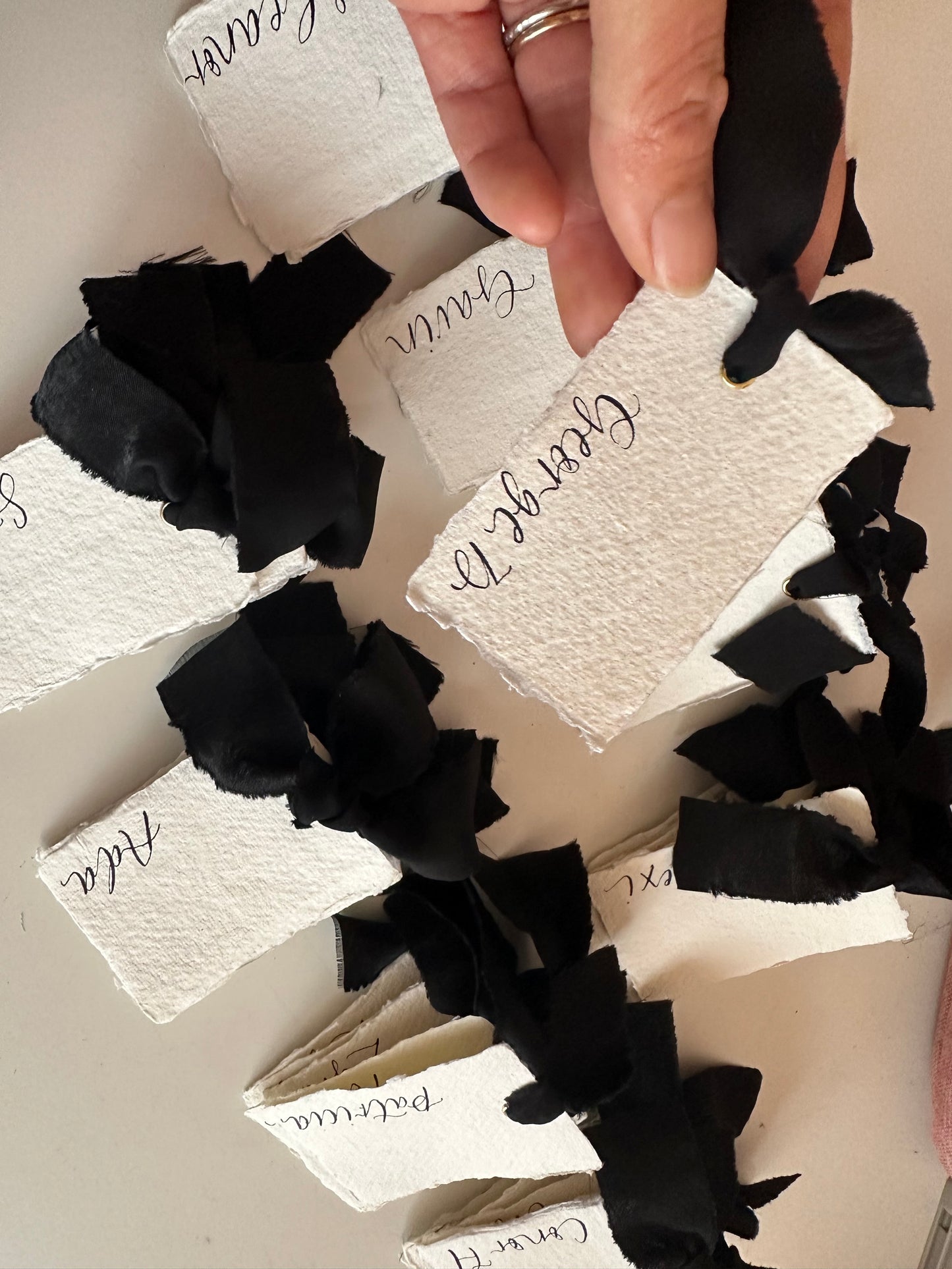 HANDMADE PAPER + BLACK Place Card Chiffon Ribbon | Calligraphy Wedding Place Name Card | Gold or Silver Eyelet
