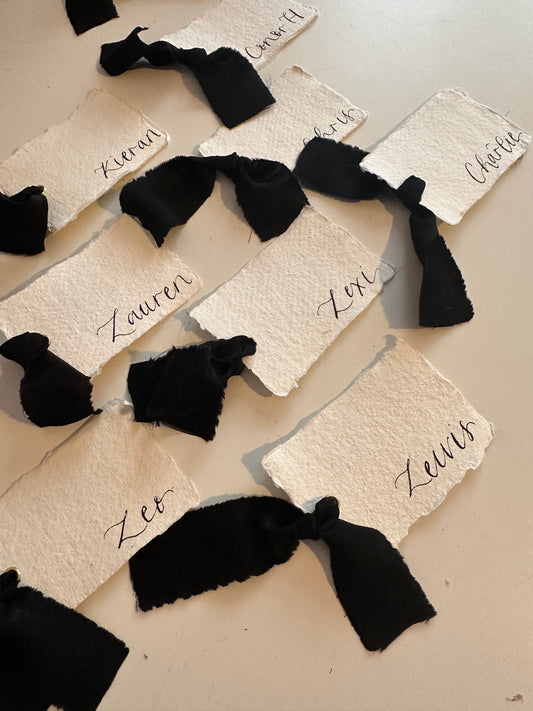 HANDMADE PAPER + BLACK Place Card Chiffon Ribbon | Calligraphy Wedding Place Name Card | Gold or Silver Eyelet