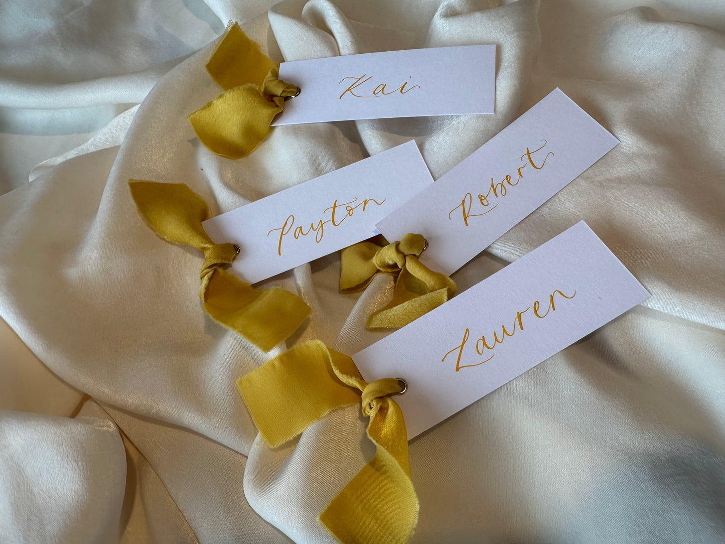 LEMON Chiffon Calligraphy Place Name Card | White Calligraphy Wedding Place Name Card | Gold or Silver Eyelet
