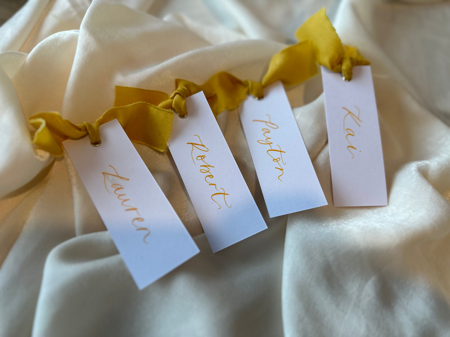 LEMON Chiffon Calligraphy Place Name Card | White Calligraphy Wedding Place Name Card | Gold or Silver Eyelet