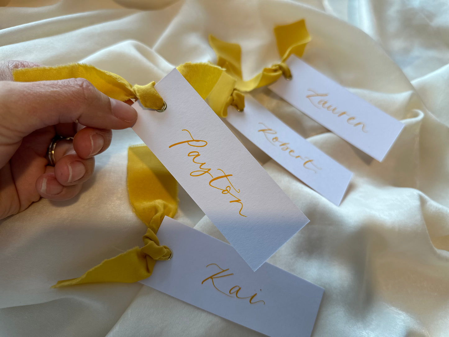 LEMON Chiffon Calligraphy Place Name Card | White Calligraphy Wedding Place Name Card | Gold or Silver Eyelet