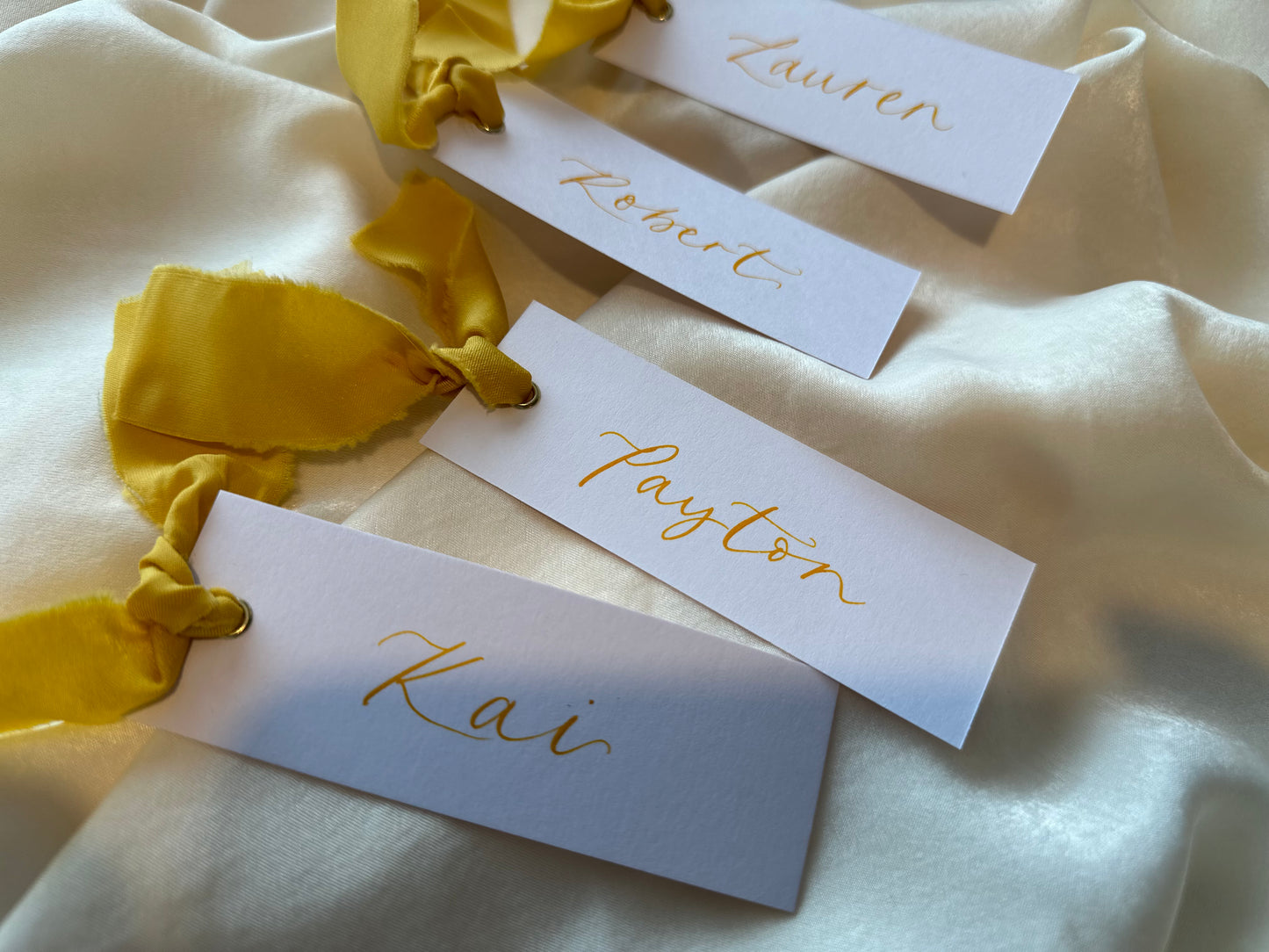 LEMON Chiffon Calligraphy Place Name Card | White Calligraphy Wedding Place Name Card | Gold or Silver Eyelet