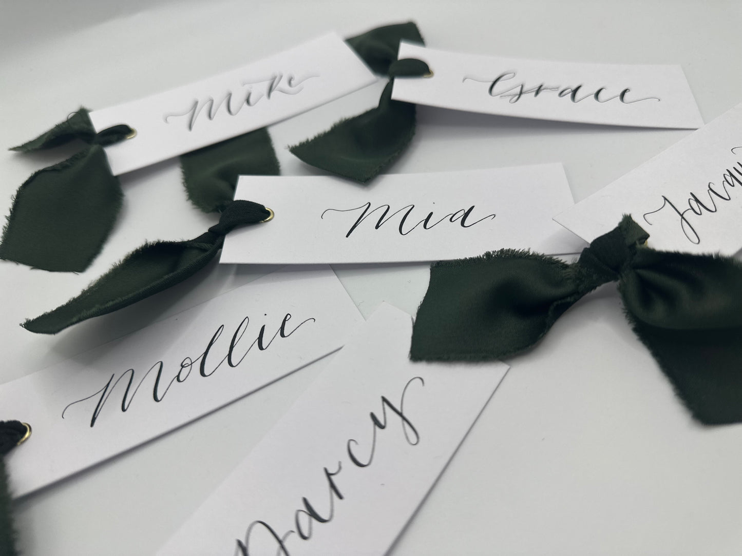 FOREST GREEN Satin Ribbon Calligraphy Place Name Card | White Calligraphy Wedding Place Name Card | Gold or Silver Eyelet