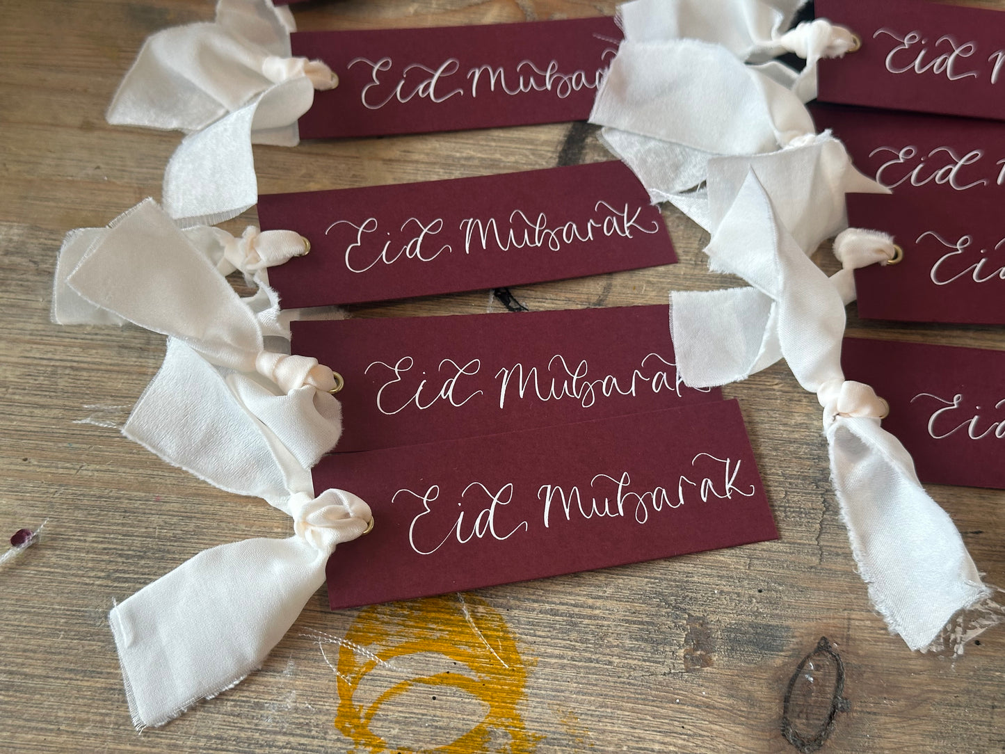 5 PACK Eid Mubarak Calligraphy Ribbon Gift Tag: Eid al-Fitr Celebration, Ramadan, Dinner, Party, Place Card
