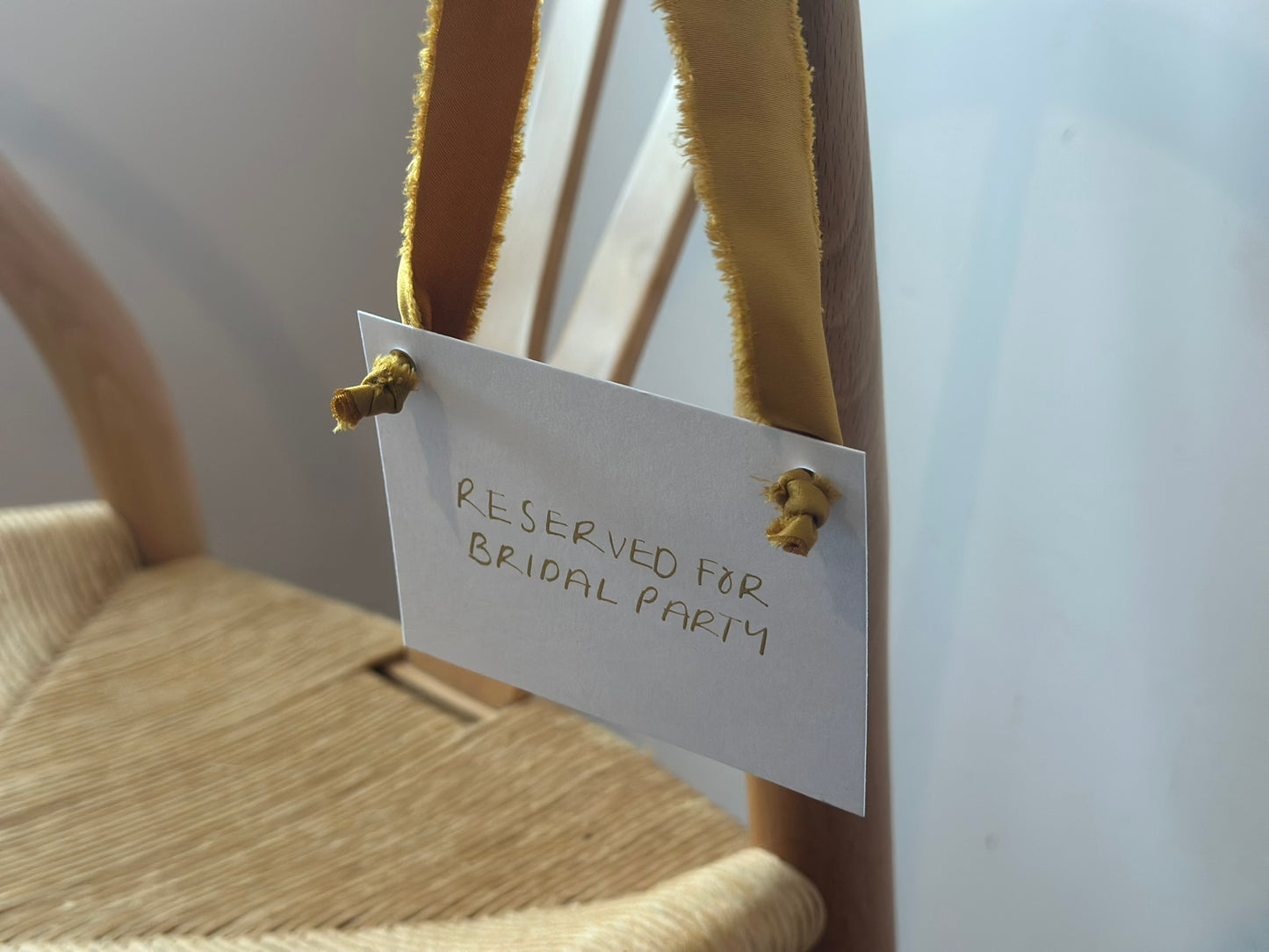 GOLD Chiffon Ribbon Minimal Wedding Reserved Chair Sign | A7 Handwritten Wedding Reserved Sign Card | Gold or Silver Eyelet