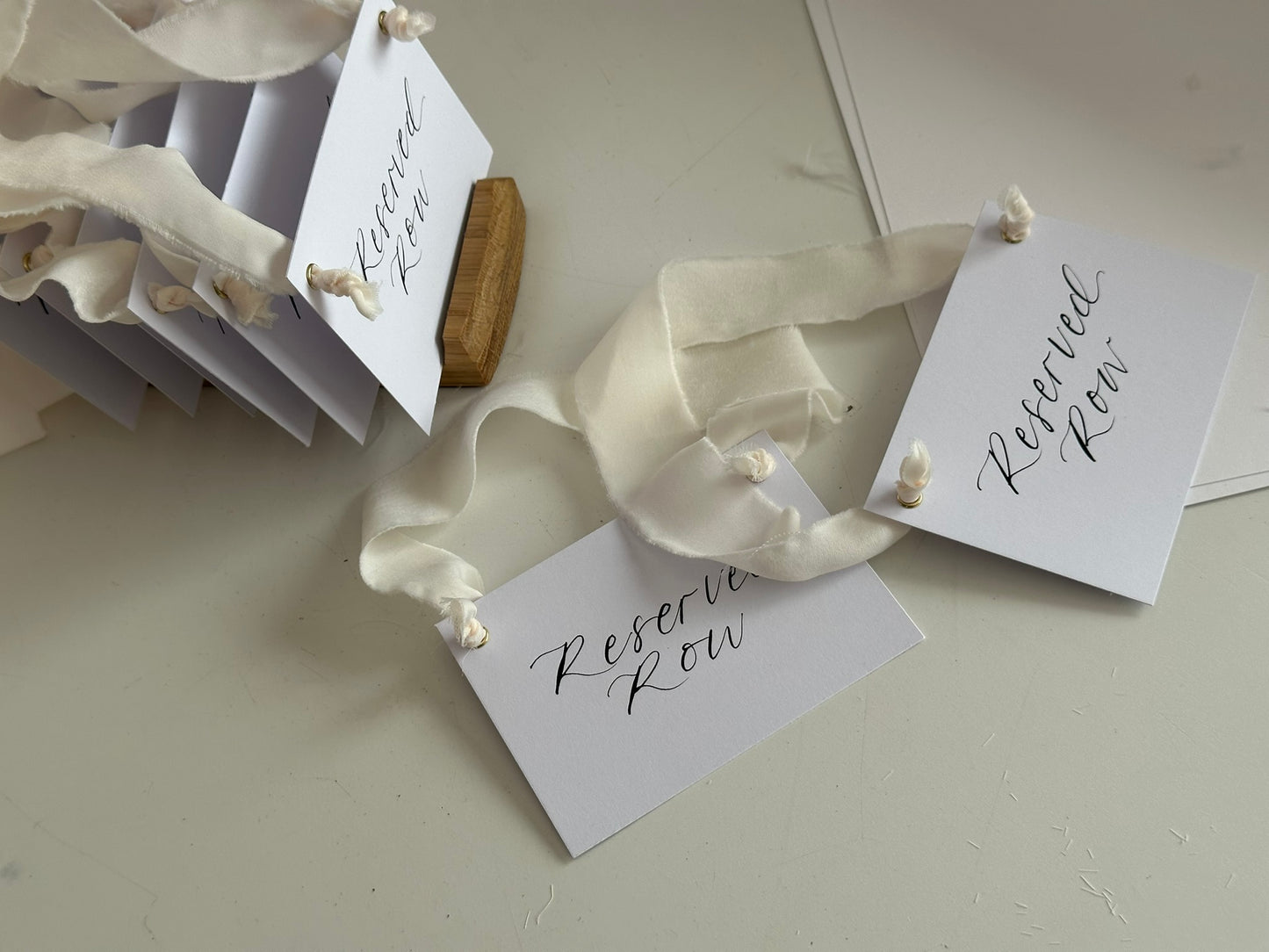 CHAMPAGNE Chiffon Ribbon Calligraphy Wedding Reserved Chair Sign | A7 Calligraphy Wedding Reserved Sign Card | Gold or Silver Eyelet