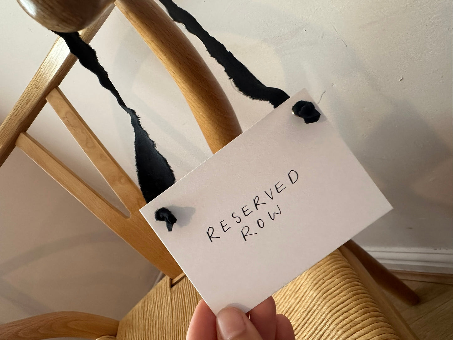 BLACK Chiffon Ribbon Minimal Wedding Reserved Chair Sign | A7 Handwritten Wedding Reserved Sign Card | Gold or Silver Eyelet