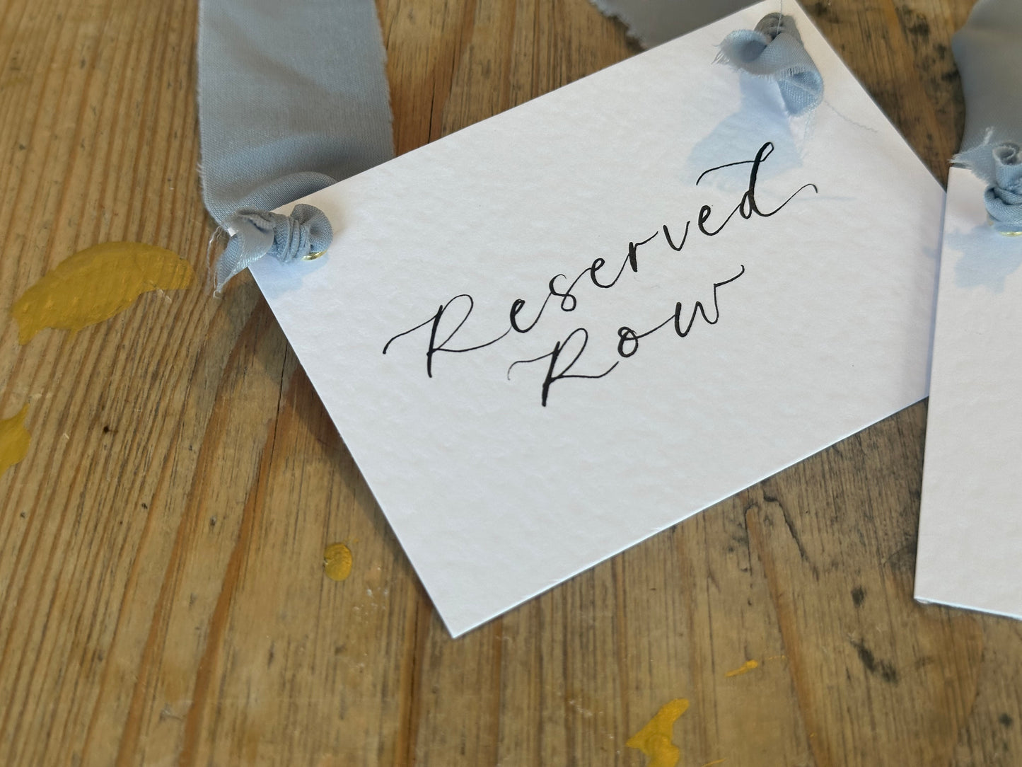 Custom Ribbon Calligraphy Wedding Reserved Chair Sign | A7 Hammered White Reserved Sign with Your Choice of Ribbon