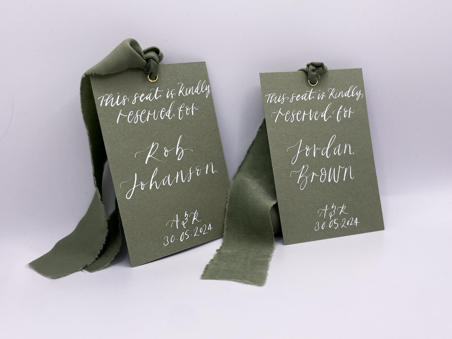 EUCALYPTUS Hanger Sign Chiffon Ribbon | Calligraphy Wedding Dress Tag | A7 Calligraphy Wedding Reserved Sign Card | Gold or Silver Eyelet