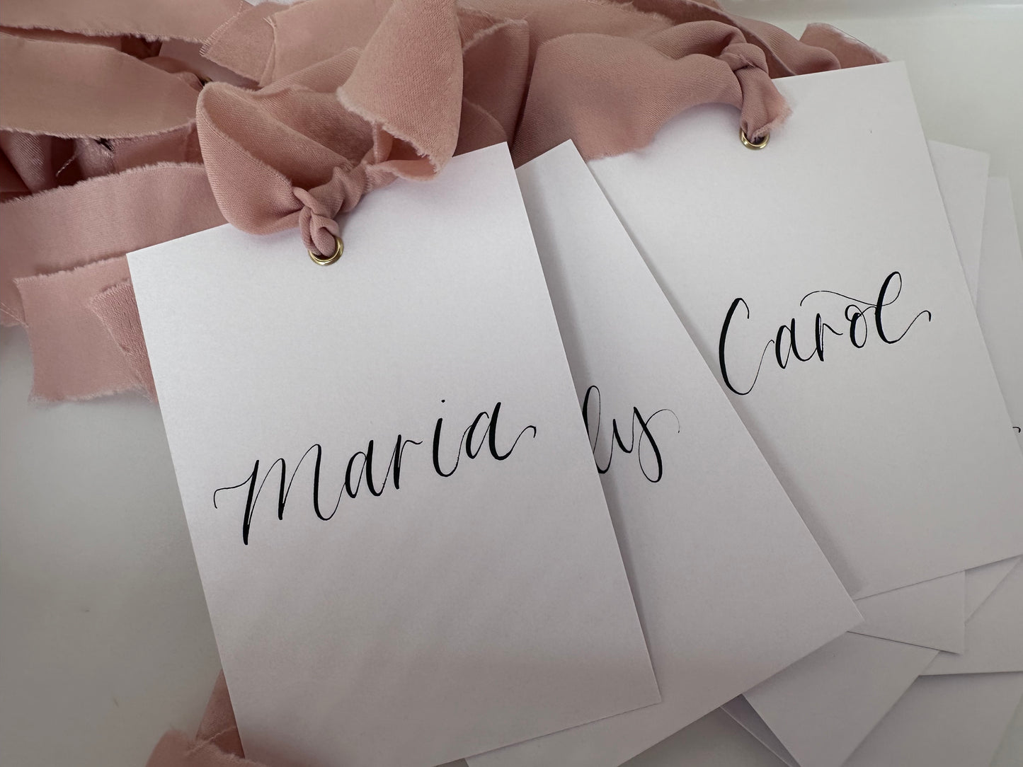 BLUSH Chiffon Ribbon Calligraphy Wedding Dress Hanger Sign | A7 Calligraphy Wedding Reserved Sign Card | Gold or Silver Eyelet