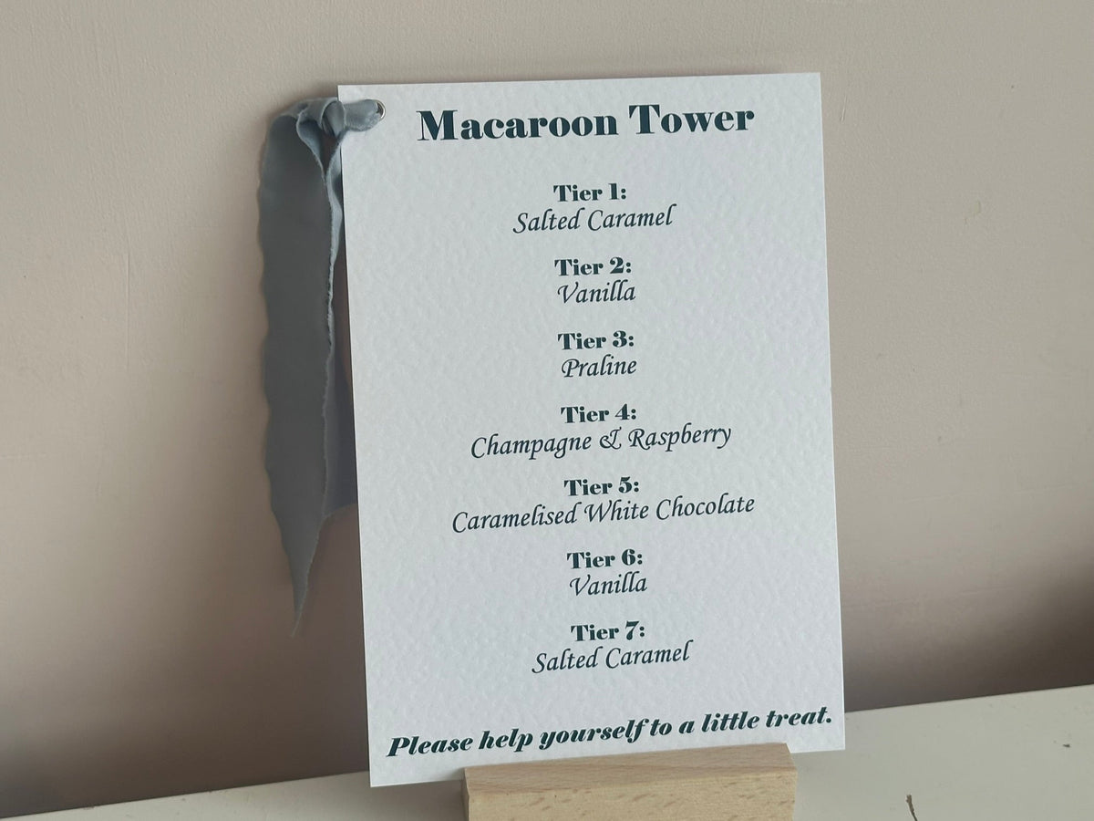 Personalised printed wedding sign on A5 hammered white card with dusky blue chiffon ribbon and silver eyelet