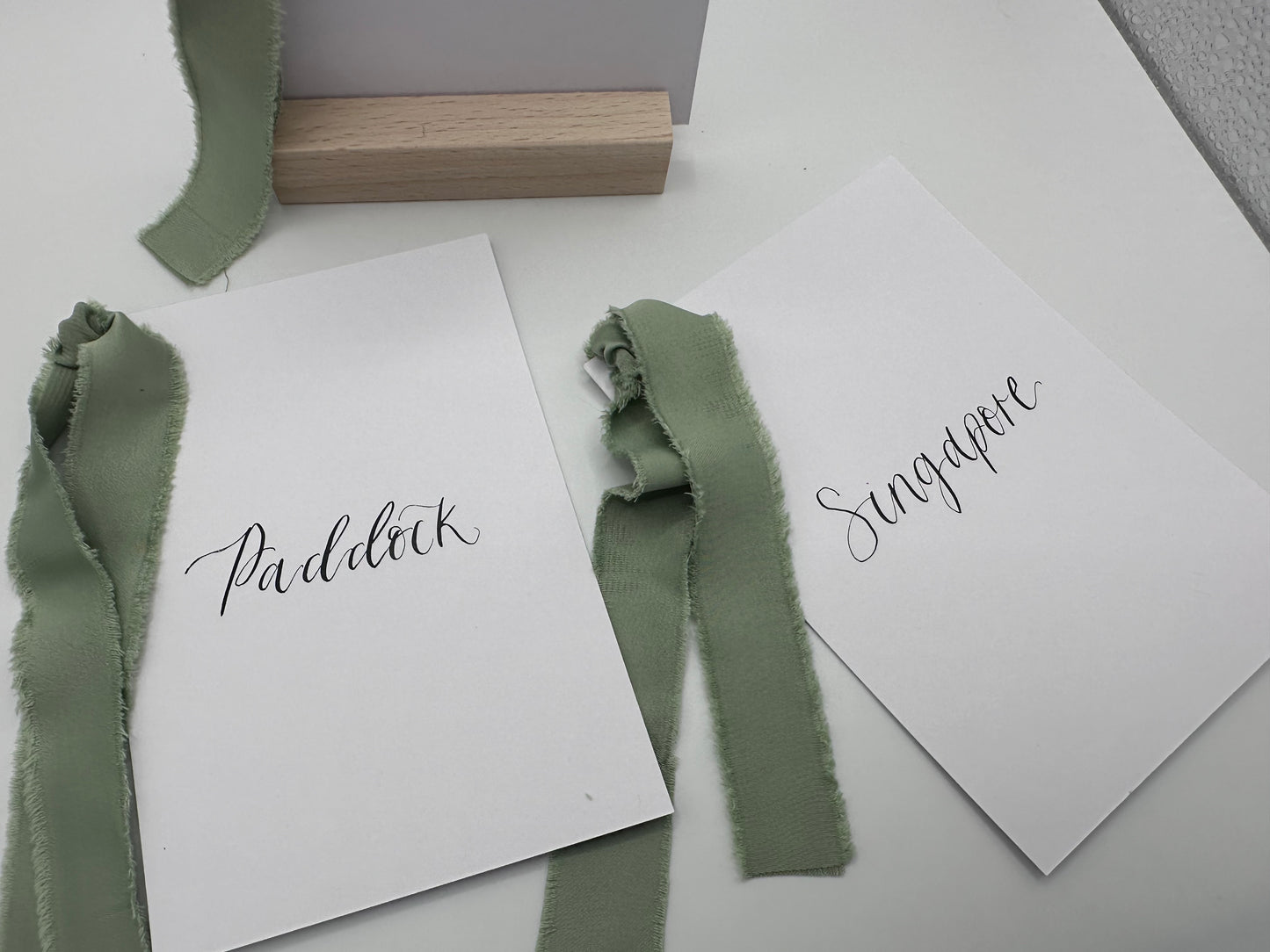 White Custom Ribbon Calligraphy Table Name & Number | Personalised Wedding A5 A6 Sign