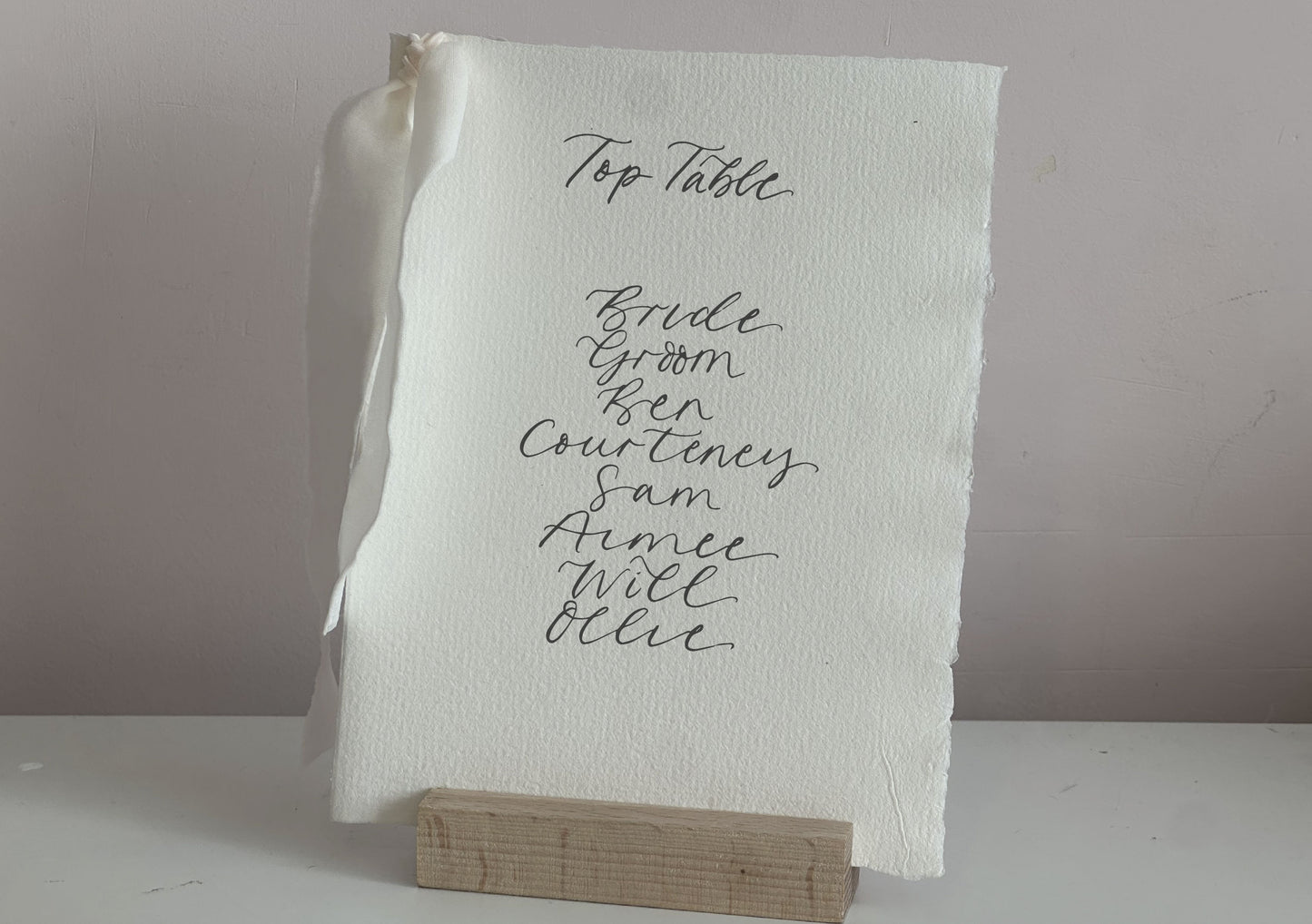 HANDMADE PAPER Ribbon Calligraphy Wedding A5 Table Plan Card | White Card Hand Written Calligraphy Table Plan Card | Mirror Table Plan Cards | DIY Table Plan Card