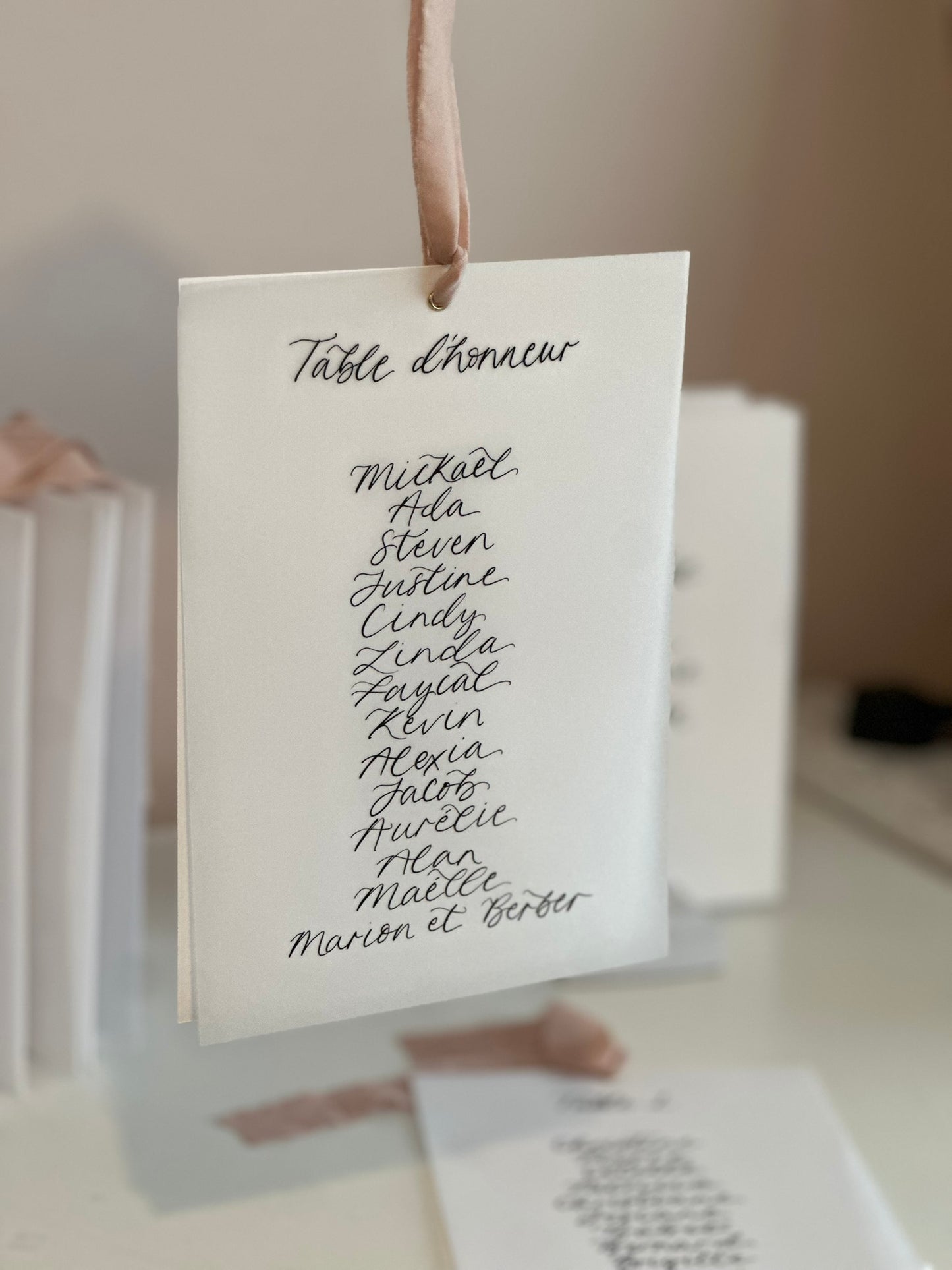 Ribbon Calligraphy Vellum Table Plan Card | A5 Calligraphy Wedding Table Plan Card | Gold or Silver Eyelet