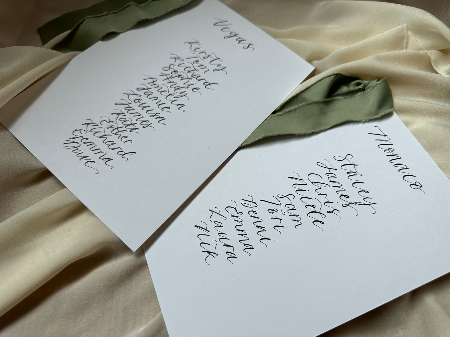 EUCALYPTUS Chiffon Ribbon Calligraphy Wedding A5 Table Plan Card | White Card Hand Written Calligraphy Table Plan Card | Mirror Table Plan Cards | DIY Table Plan Card