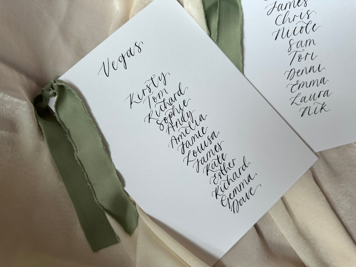 Ribbon Calligraphy Wedding A5 Table Plan Card | White Card Hand Written Calligraphy Table Plan Card | Mirror Table Plan Cards | DIY Table Plan Card