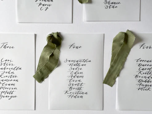 EUCALYPTUS Chiffon Ribbon Vellum Calligraphy Table Plan Card | A5 Calligraphy Wedding Table Plan Card | Gold or Silver Eyelet