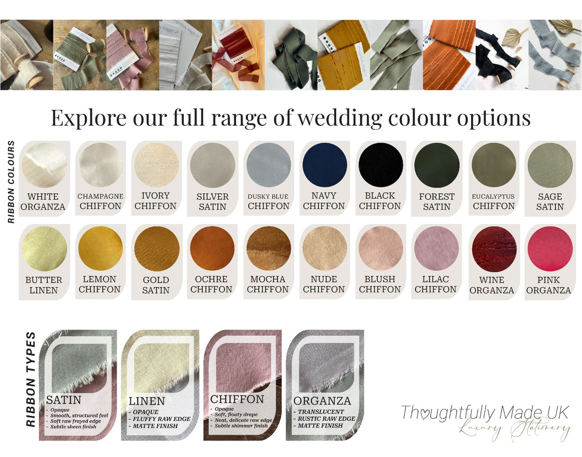 Thoughtfully Made UK 2026 ribbon colour and material swatch guide showing chiffon, satin, organza and linen colours