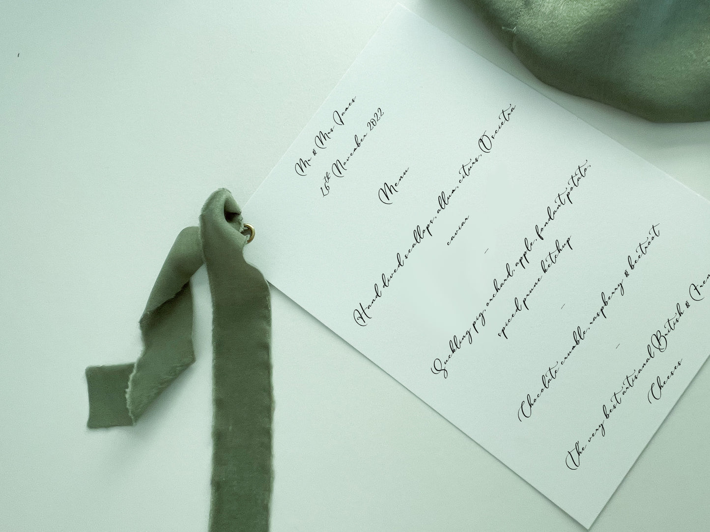 Printed Calligraphy Ribbon A5 A6 Menu Card | Custom Printed Calligraphy Wedding Menu Skinny Card | Gold or Silver Eyelet Menu