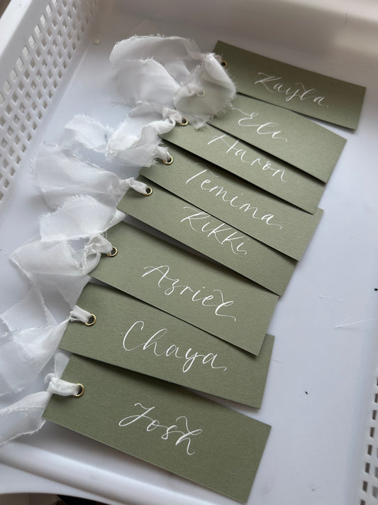 EUCALYPTUS + WHITE Organza Ribbon Calligraphy Place Name Card | Calligraphy Wedding Place Name Card | Gold or Silver Eyelet