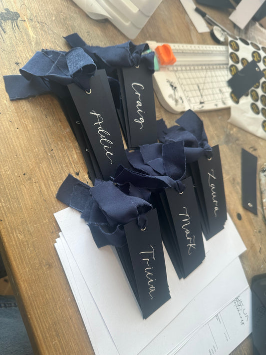 Navy Place Card Navy Chiffon | Calligraphy Wedding Place Name Card | Gold or Silver Eyelet