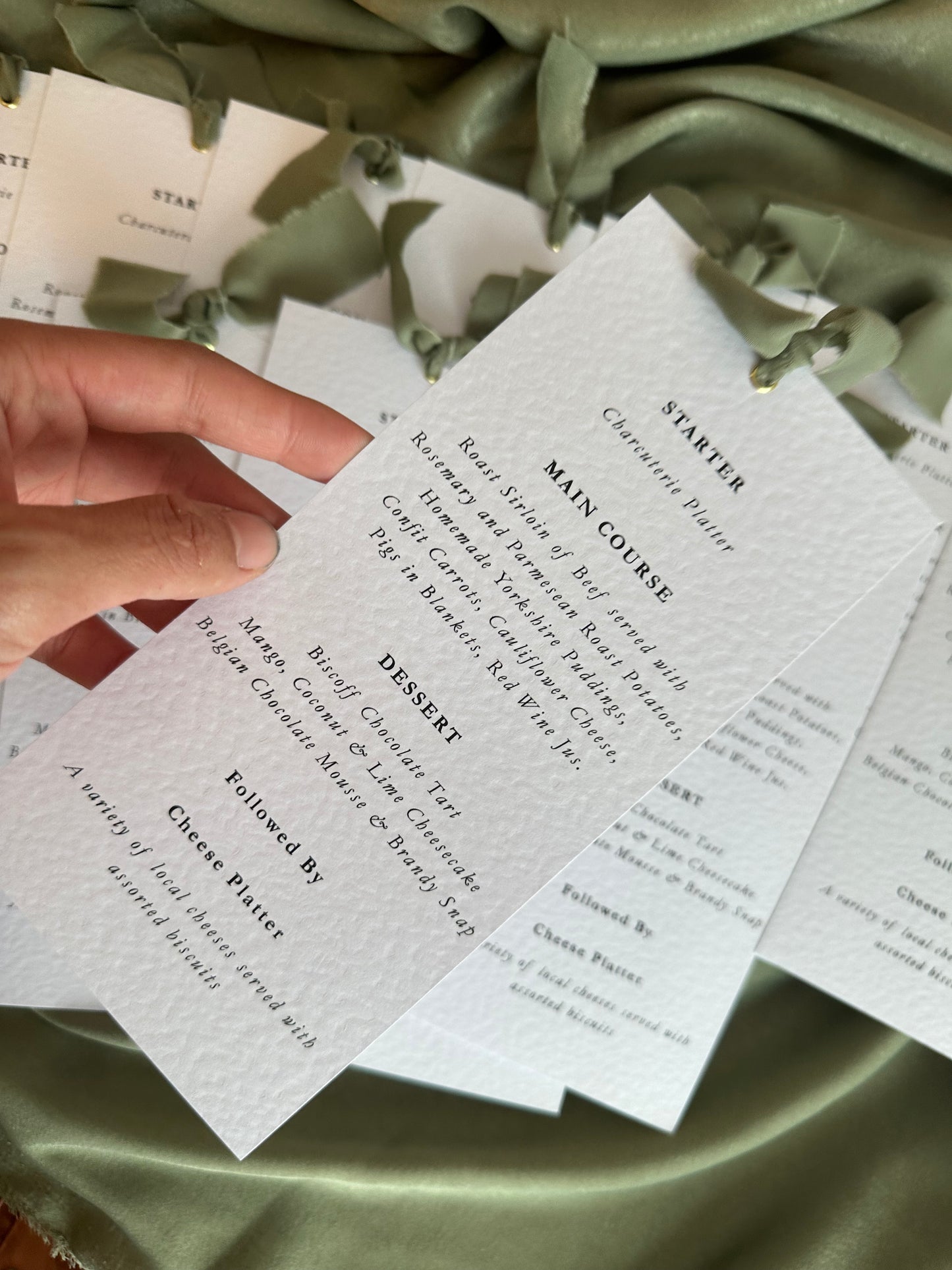 Ribbon Printed Calligraphy Menu Skinny | Custom Printed Calligraphy Wedding Menu Skinny Card | Gold or Silver Eyelet