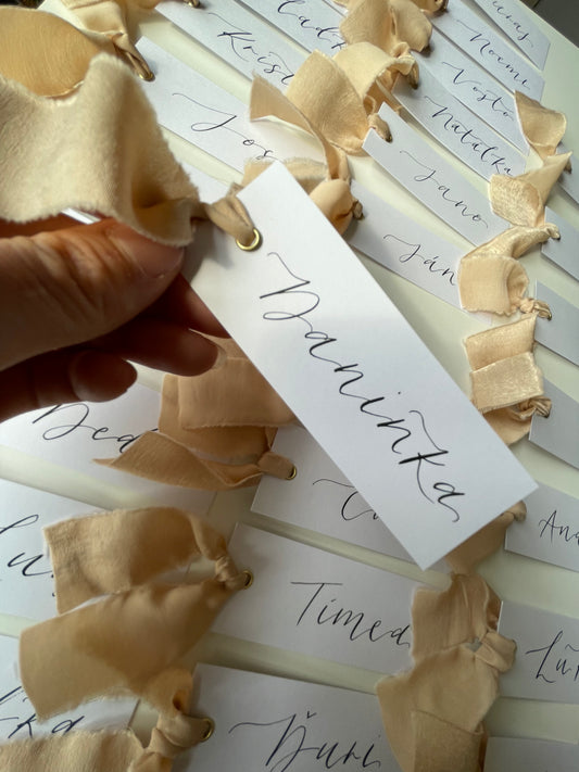 NUDE Chiffon Calligraphy Place Name Card | White Calligraphy Wedding Place Name Card | Gold or Silver Eyelet