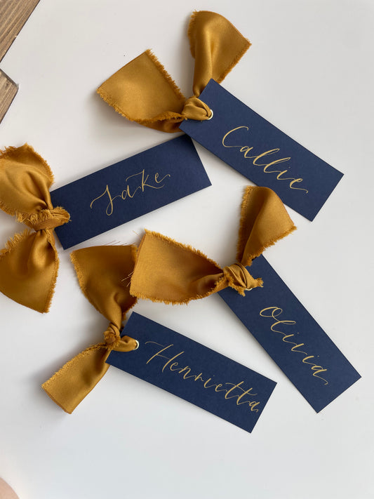 NAVY + GOLD Place Card Satin Ribbon | Calligraphy Wedding Place Name Card | Gold or Silver Eyelet