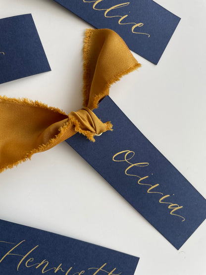 NAVY + GOLD Place Card Satin Ribbon | Calligraphy Wedding Place Name Card | Gold or Silver Eyelet