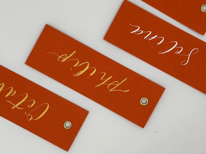 OCHRE Calligraphy Place Name Card | Matte Coloured Card with Hand Written Calligraphy optional gold or silver eyelet