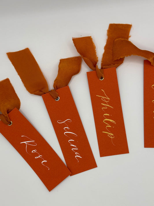 OCHRE Place Card Chiffon Ribbon | Calligraphy Wedding Place Name Card | Gold or Silver Eyelet