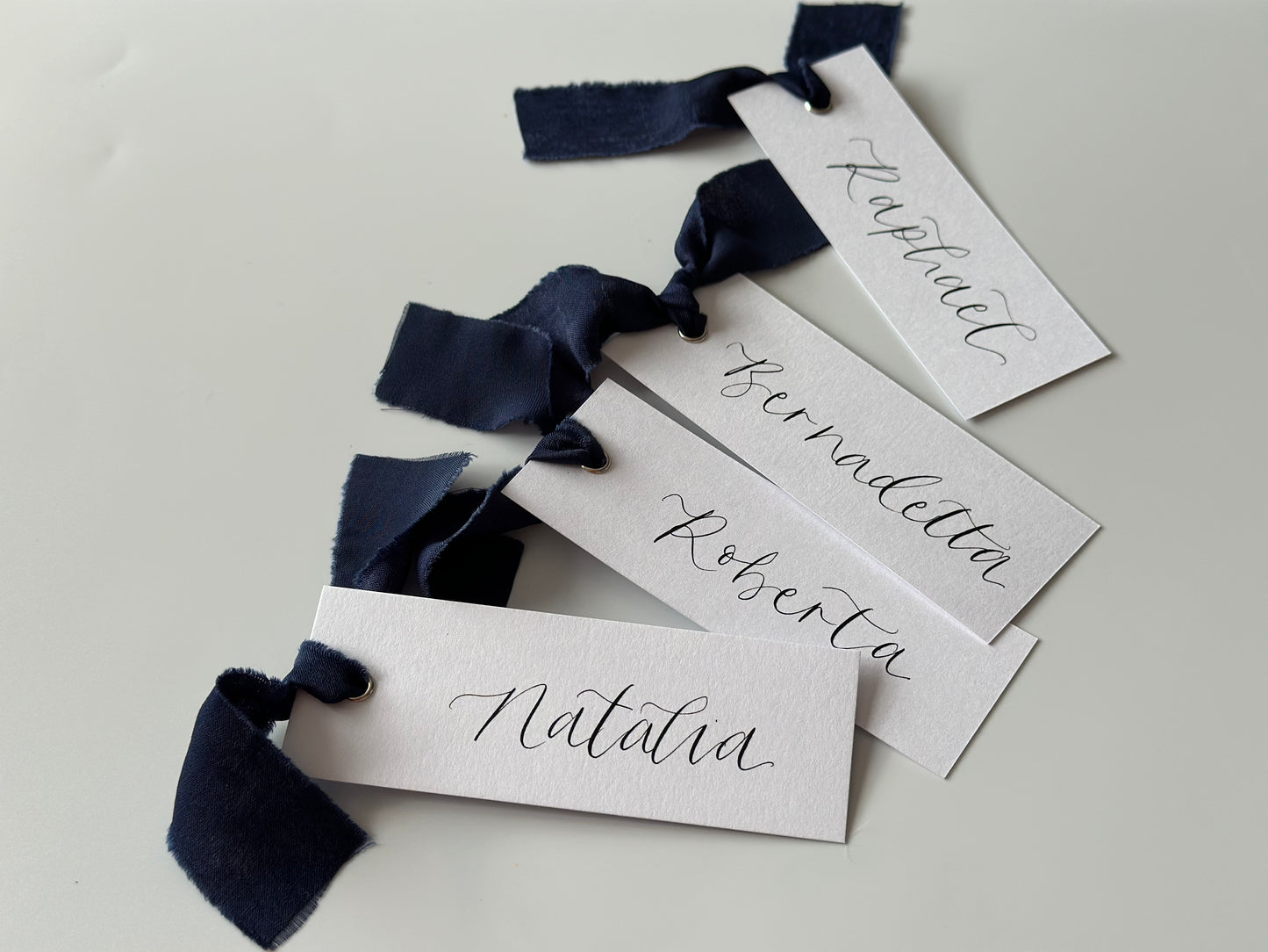 NAVY Chiffon Ribbon Calligraphy Place Name Card | White Calligraphy Wedding Place Name Card | Gold or Silver Eyelet