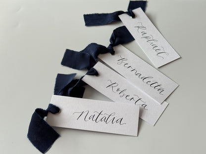 NAVY Chiffon Ribbon Calligraphy Place Name Card | White Calligraphy Wedding Place Name Card | Gold or Silver Eyelet