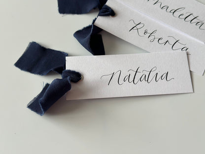 NAVY Chiffon Ribbon Calligraphy Place Name Card | White Calligraphy Wedding Place Name Card | Gold or Silver Eyelet
