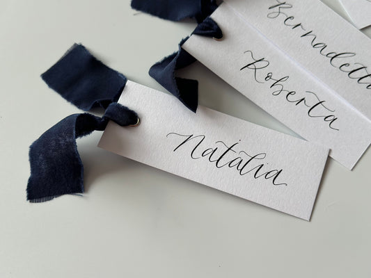 NAVY Chiffon Calligraphy Place Name Card | White Calligraphy Wedding Place Name Card | Gold or Silver Eyelet