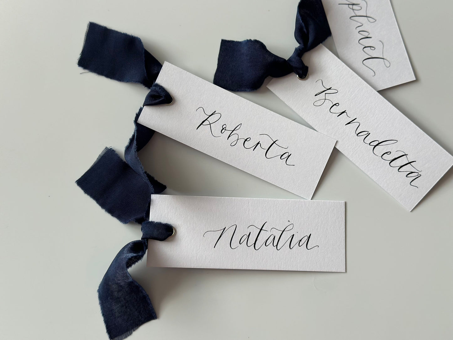 NAVY Chiffon Ribbon Calligraphy Place Name Card | White Calligraphy Wedding Place Name Card | Gold or Silver Eyelet