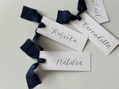 NAVY Chiffon Ribbon Calligraphy Place Name Card | White Calligraphy Wedding Place Name Card | Gold or Silver Eyelet