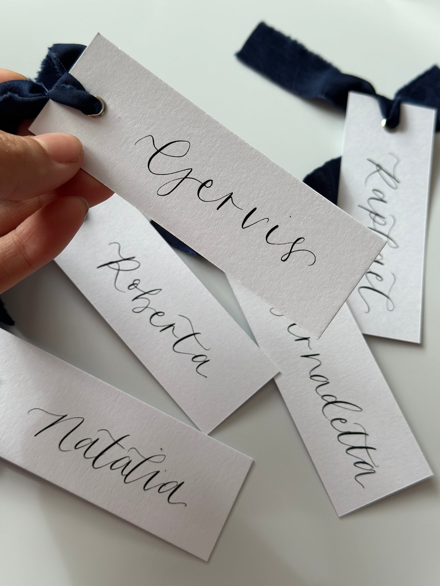 NAVY Chiffon Ribbon Calligraphy Place Name Card | White Calligraphy Wedding Place Name Card | Gold or Silver Eyelet