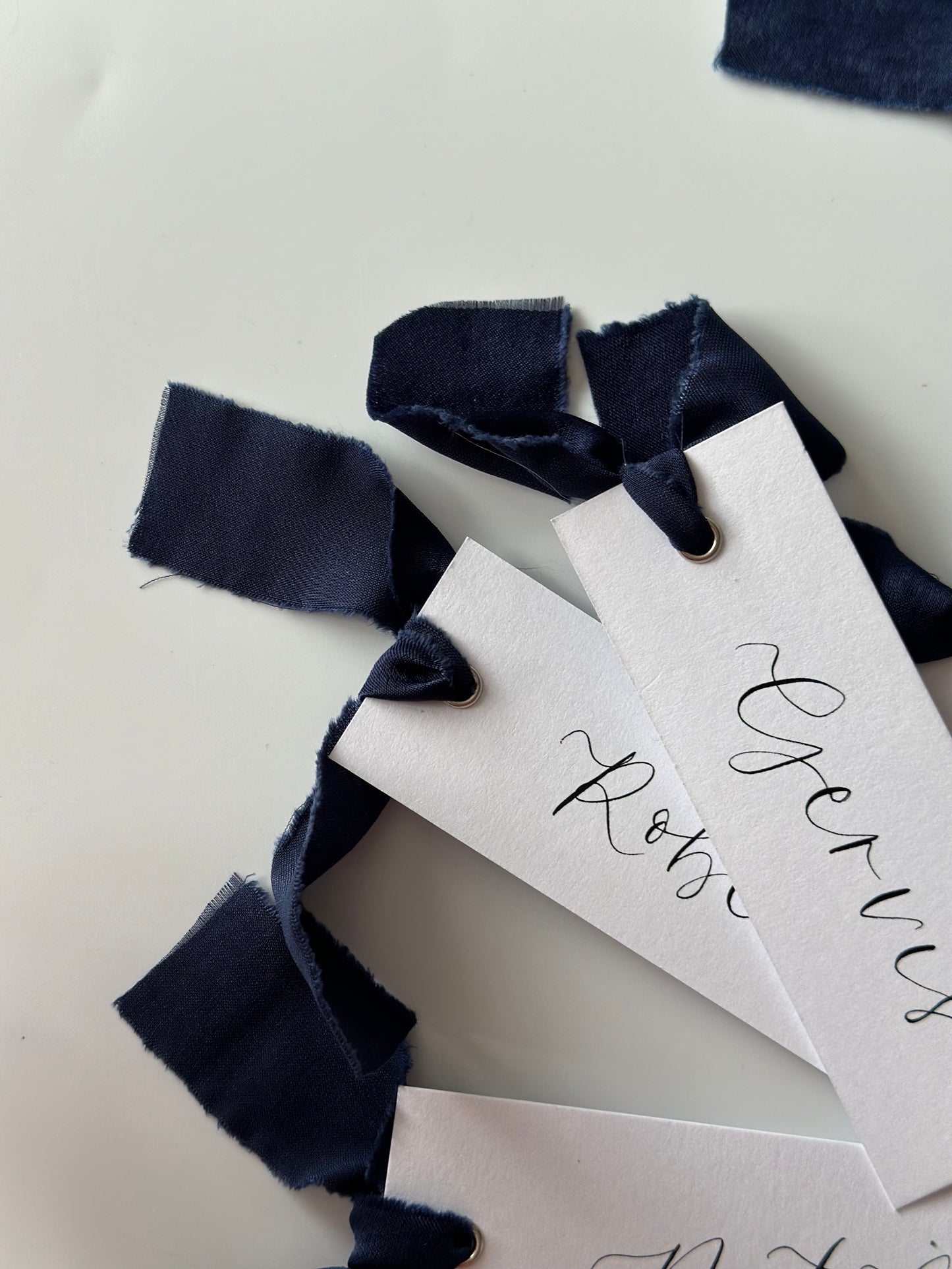 NAVY Chiffon Ribbon Calligraphy Place Name Card | White Calligraphy Wedding Place Name Card | Gold or Silver Eyelet
