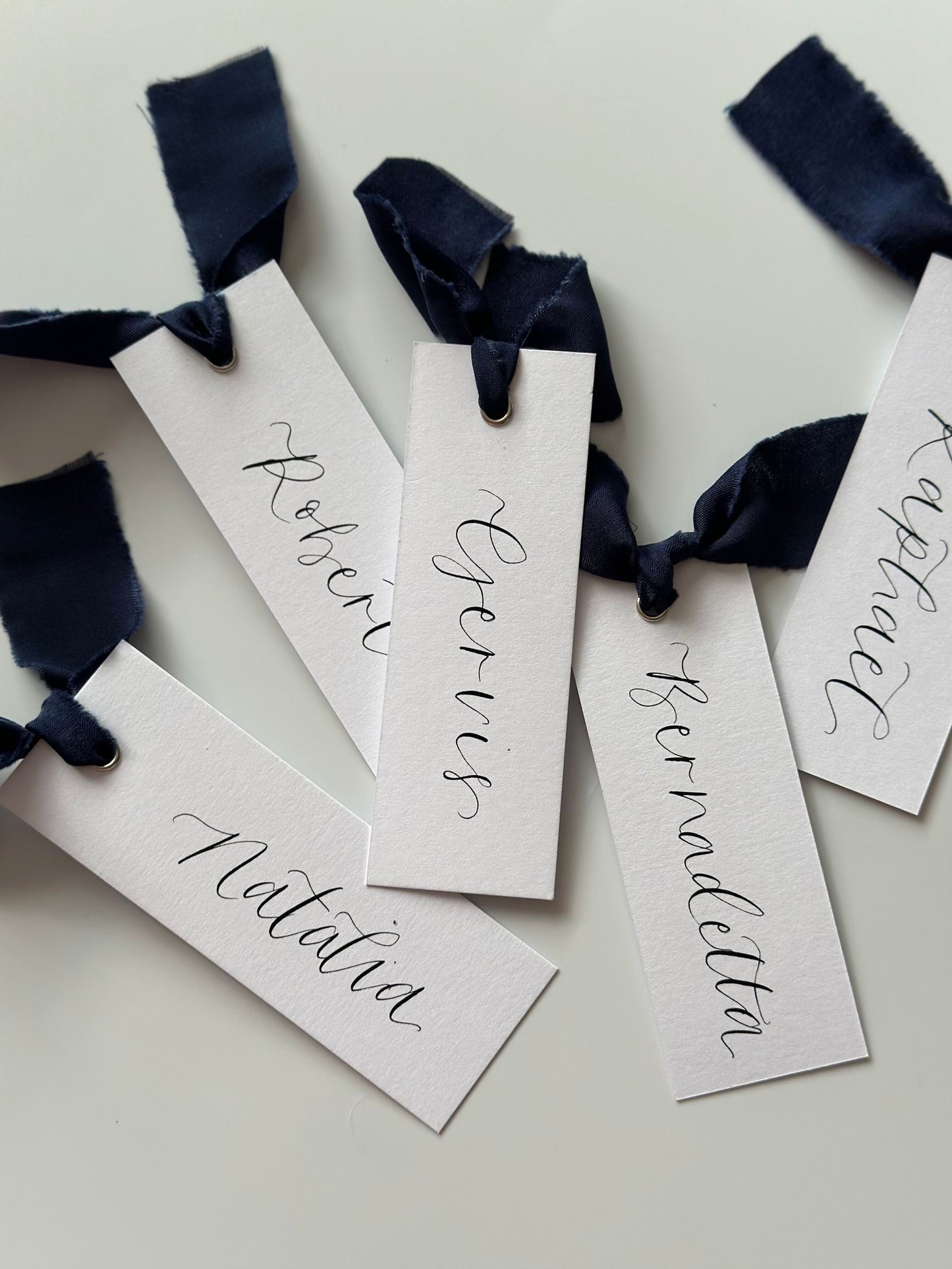 NAVY Chiffon Ribbon Calligraphy Place Name Card | White Calligraphy Wedding Place Name Card | Gold or Silver Eyelet