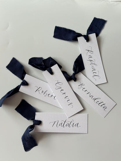 NAVY Chiffon Ribbon Calligraphy Place Name Card | White Calligraphy Wedding Place Name Card | Gold or Silver Eyelet