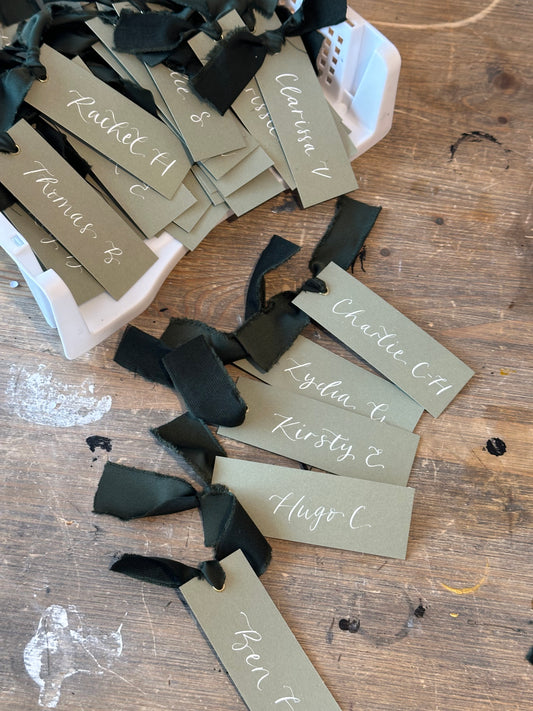EUCALYPTUS + FOREST Place Card Satin Ribbon | Calligraphy Wedding Place Name Card | Gold or Silver Eyelet