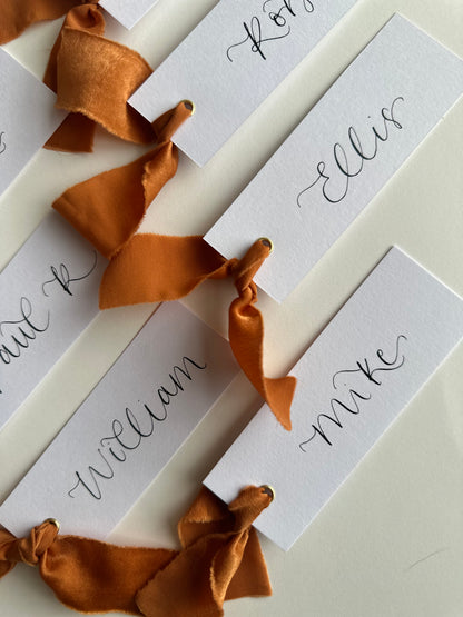 OCHRE Chiffon Ribbon Calligraphy Place Name Card | White Calligraphy Wedding Place Name Card | Gold or Silver Eyelet