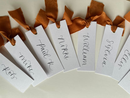 OCHRE Chiffon Ribbon Calligraphy Place Name Card | White Calligraphy Wedding Place Name Card | Gold or Silver Eyelet