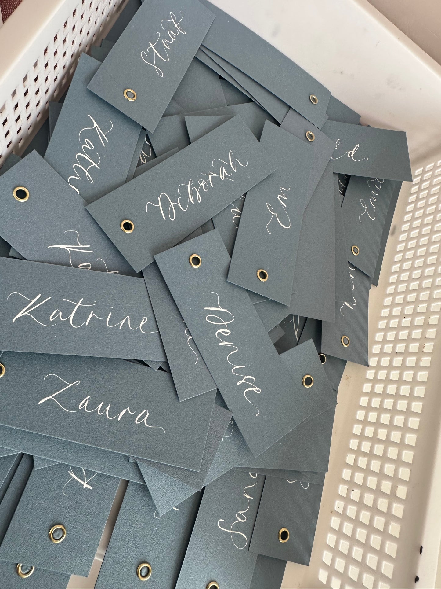 DUSKY BLUE Calligraphy Place Name Card | DIY Add Own Ribbon Calligraphy Wedding Place Name Card | Gold or Silver Eyelet