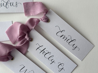 LILAC Chiffon Ribbon Calligraphy Place Name Card | White Calligraphy Wedding Place Name Card | Gold or Silver Eyelet