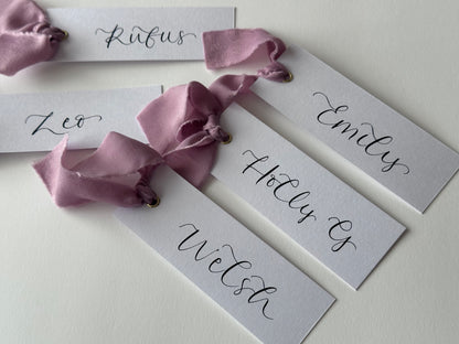 LILAC Chiffon Ribbon Calligraphy Place Name Card | White Calligraphy Wedding Place Name Card | Gold or Silver Eyelet